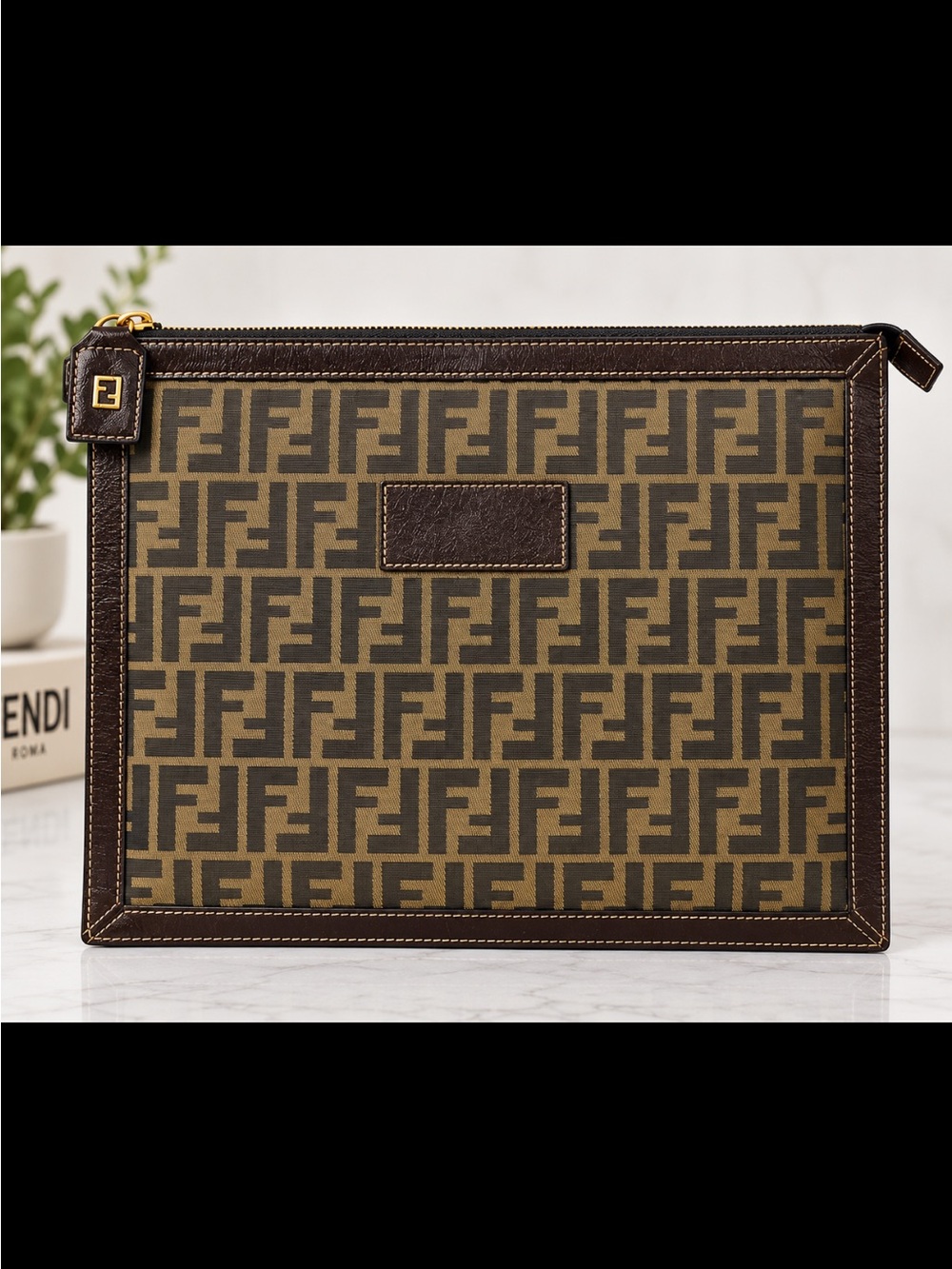 Fendi Zucca Monogram Toiletry Pouch in Brown and Tan with Gold Hardware